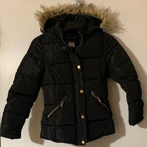 Black Puffer Jacket with Faux Fur Hood
